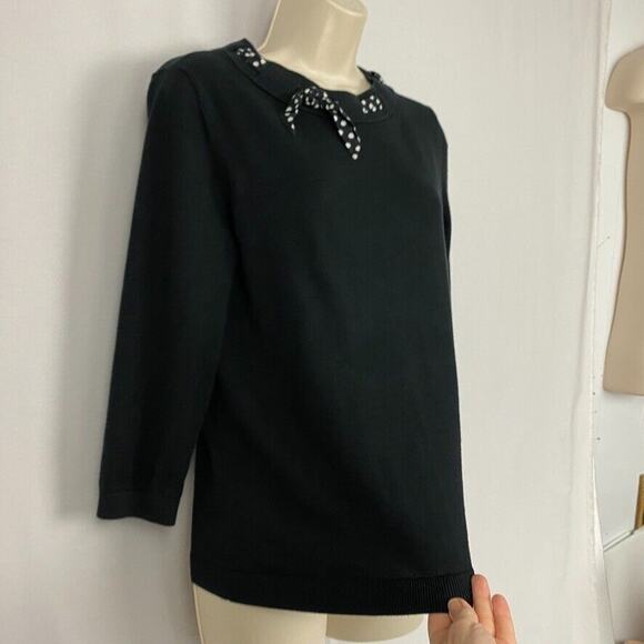 Talbots Sweater Medium Solid Black Polka Dot Bow Retro Twee Preppy Minimalist - Picture 3 of 11